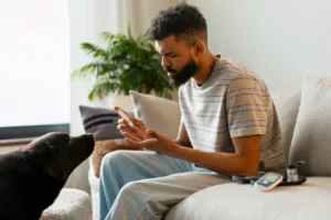 AdobeStock_1967126755 A man sitting on a couch looks at a smartphone, with a black dog in the foreground and a houseplant by the window.