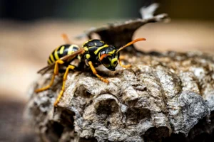 AdobeStock_2085574556 A yellow and black wasp with orange antennae rests on a rough piece of bark with a blurred natural background.