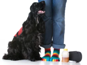 AdobeStock_81361746 A black dog sits beside a person wearing rolled-up jeans and rainbow toe socks, with a small bottle and black case on the floor against a white background.